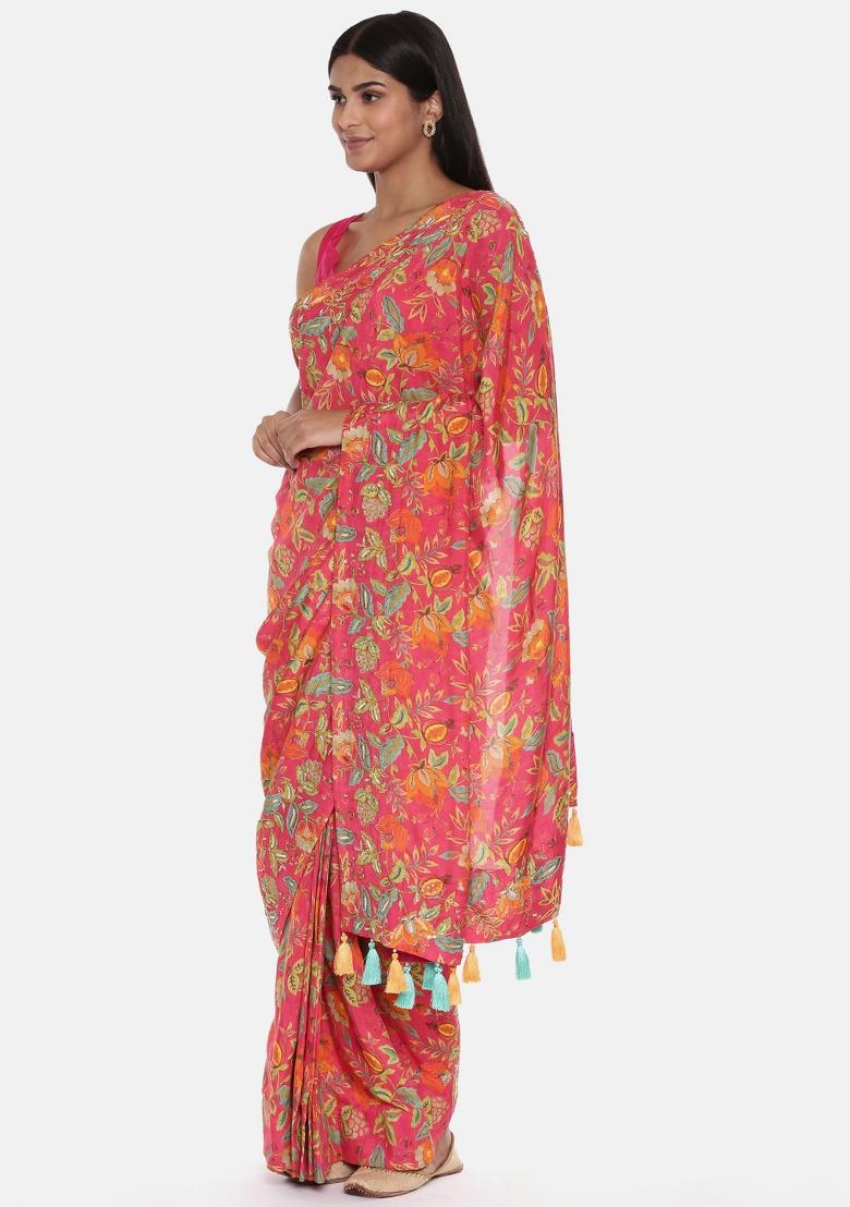 Pink Printed Muslin Saree