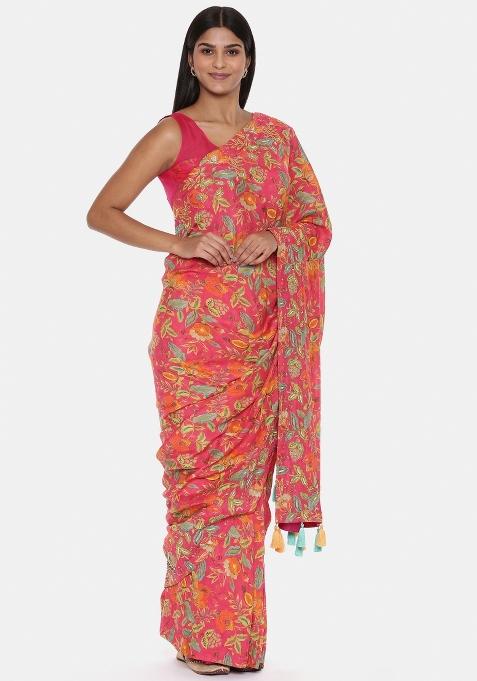 Pink Printed Muslin Saree