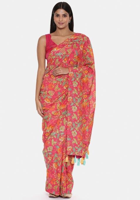 Pink Printed Muslin Saree