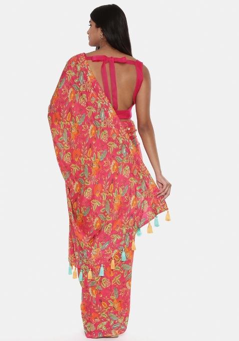 Pink Printed Muslin Saree