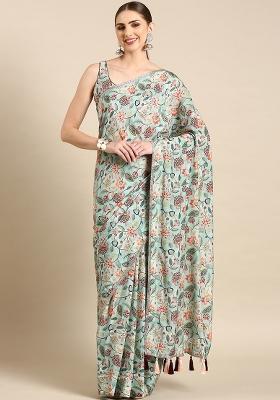 Aqua Blue Printed Muslin Saree