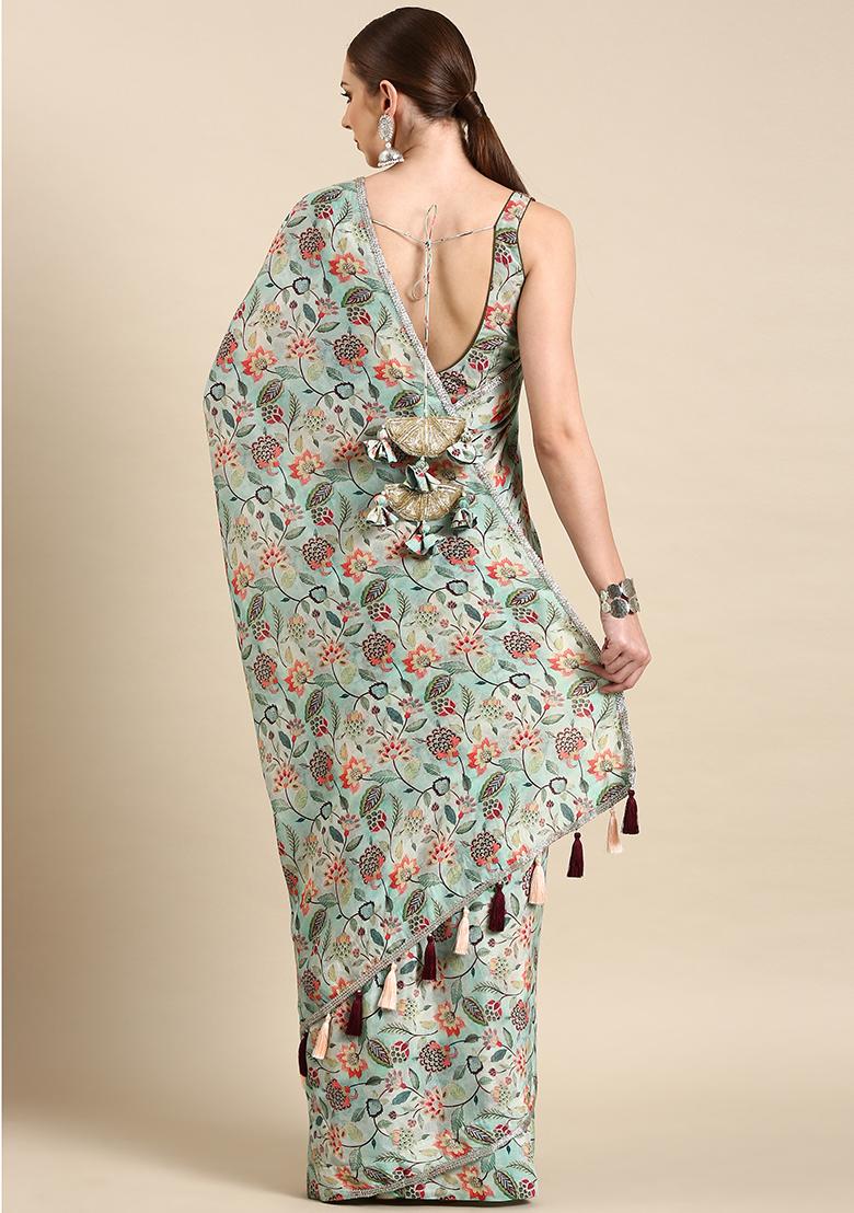 Aqua Blue Printed Muslin Saree