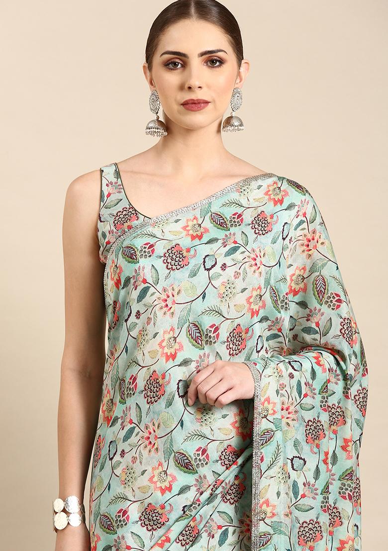 Aqua Blue Printed Muslin Saree - Indya