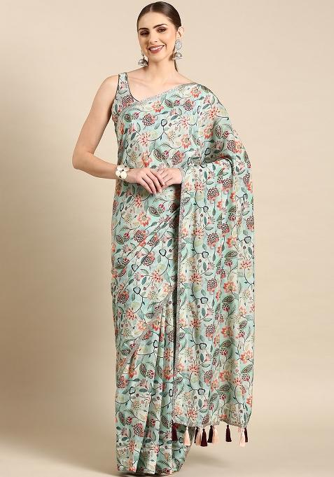 Aqua Blue Printed Muslin Saree