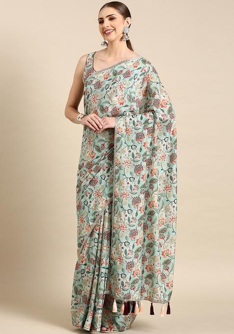 Aqua Blue Printed Muslin Saree