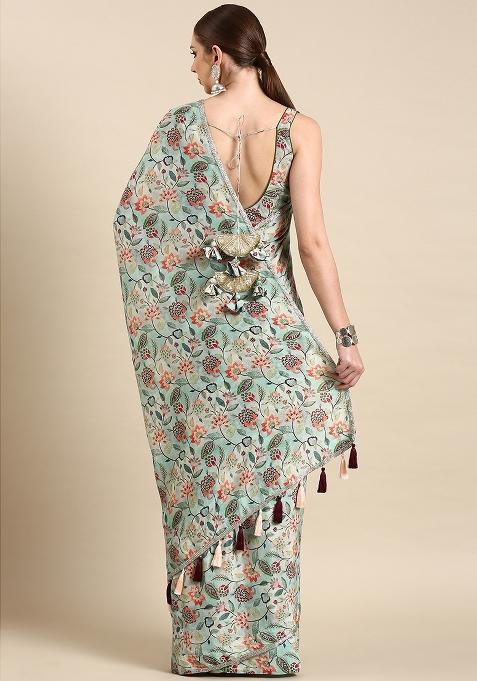 Aqua Blue Printed Muslin Saree