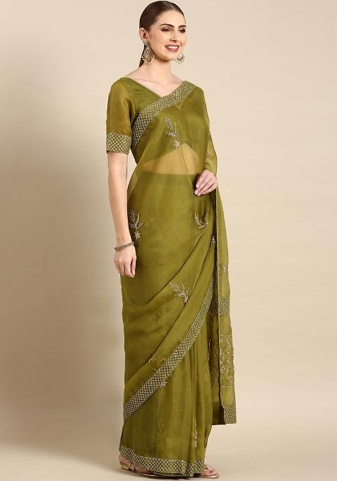 Green Embroidered Organza Saree