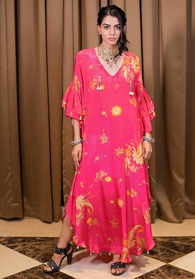 Pink Mirror Embroidered Printed Kaftan