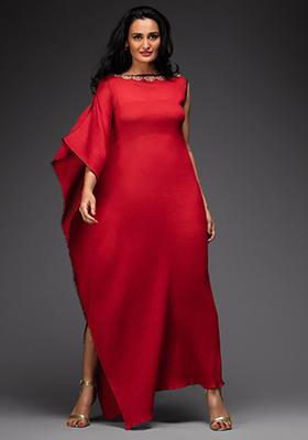 Red Embroidered Cotton Lehenga Set