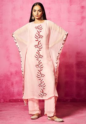 Baby Pink Embroidered Organza Kaftan Set 