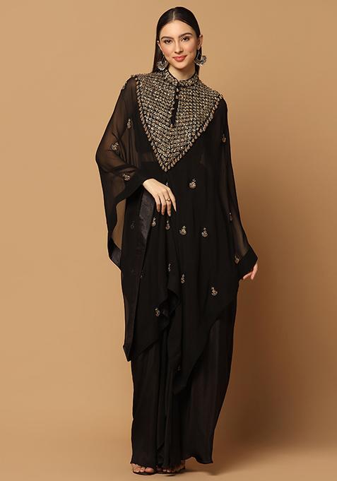 Black Skirt And Bustier With Embroidered Kaftan Cape Set
