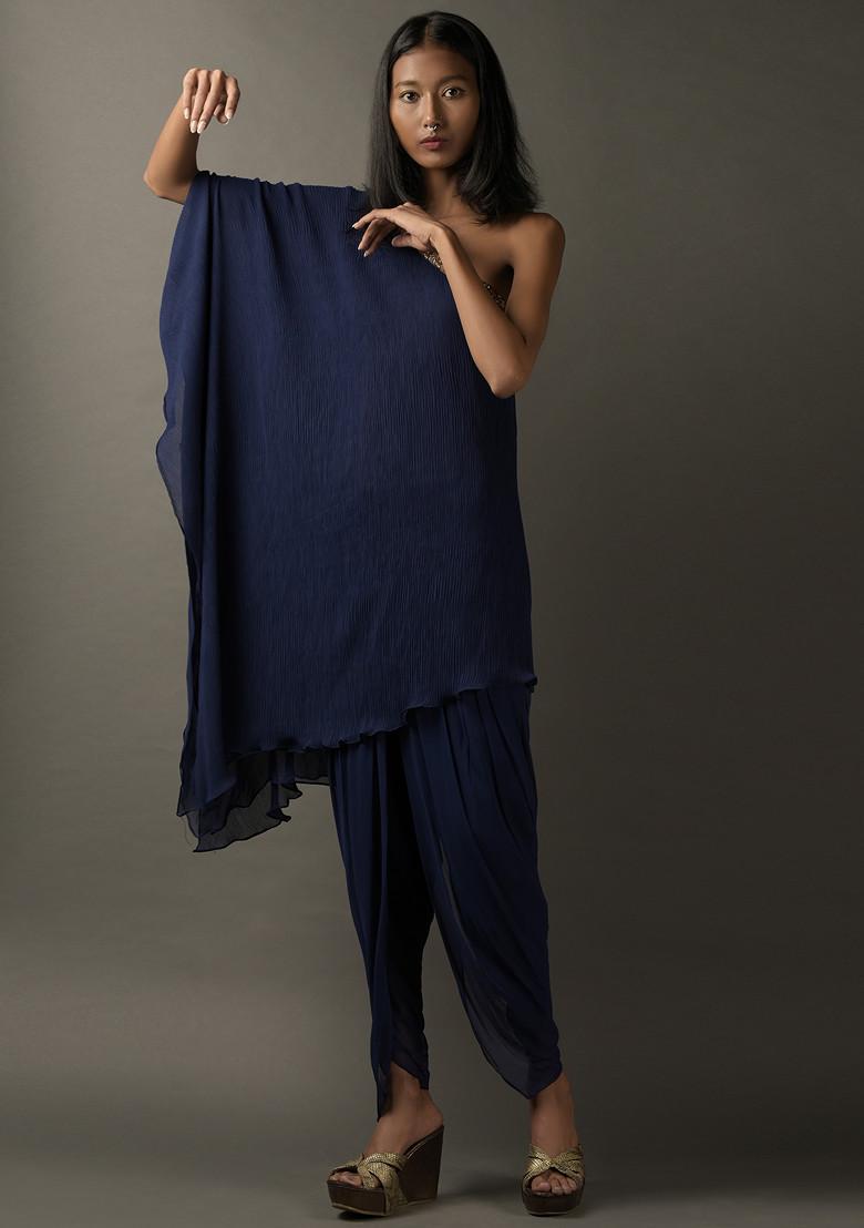 Navy Blue Sequin Embroidered Georgette One Shoulder Kaftan Set