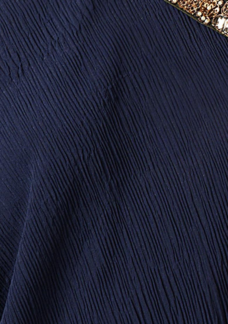 Navy Blue Sequin Embroidered Georgette One Shoulder Kaftan Set