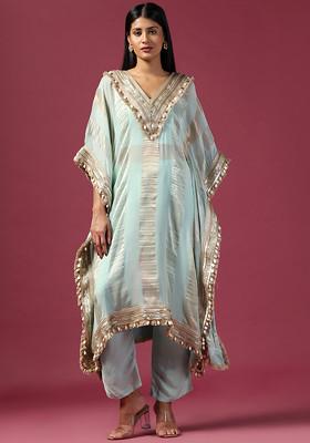 Aqua Blue Thread And Shell Embroidered Georgette Kaftan Set