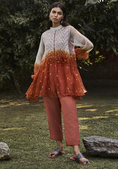 Rust Embroidered Handwoven Organza Tunic Set