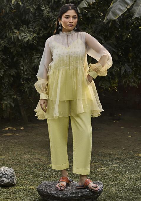 Yellow And Ivory Embroidered Hand Woven Organza Tunic Set
