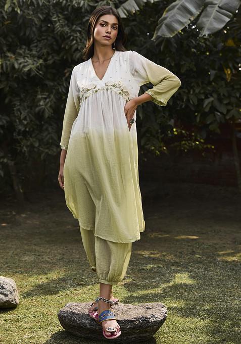 Green And Ivory Embroidered Handwoven Cotton Silk Tunic Set