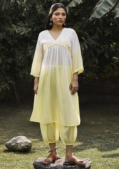 Yellow And Ivory Embroidered Handwoven Cotton Silk Tunic Set