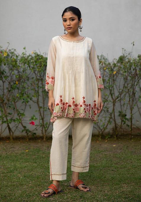 Ivory Embroidered Handwoven Cotton Silk Tunic Set