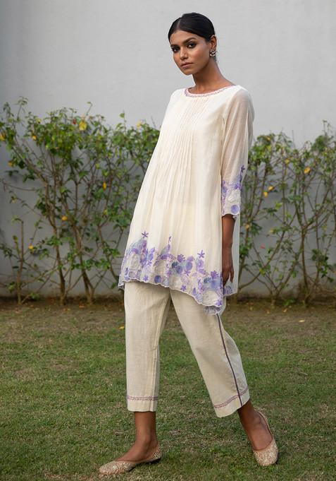 Ivory Hand Embroidered Handwoven Cotton Silk Tunic Set