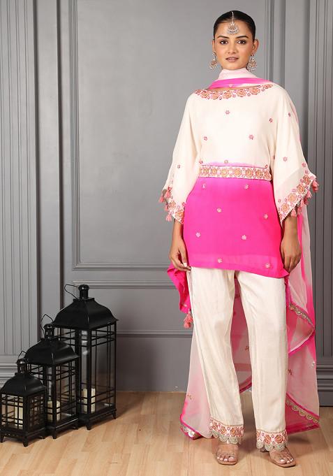 Off White And Pink Ombre Embroidered Kaftan Kurta Set