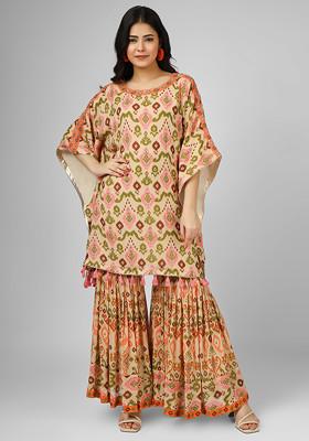 Beige Digital Print Hand Embroidered Silk Georgette Co-Ord Set