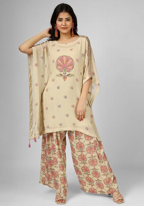 Beige Persian Tales Embroidered Kaftan And Palazzo Set