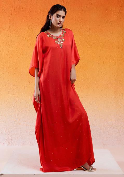 Red Scarlet Sequin Embroidered Kaftan