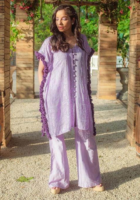 Purple Embroidered Georgette Chikankari Kaftan Kurta Set