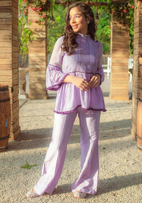 Purple Embroidered Georgette Chikankari Top And Tunic Set