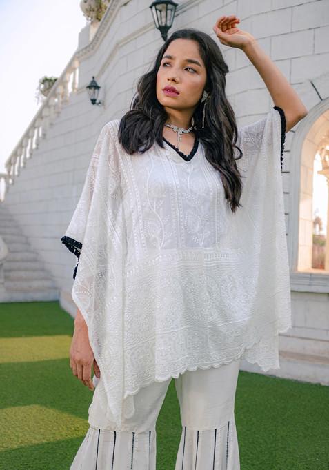 White Embroidered Georgette Chikankari Kaftan Kurta Set