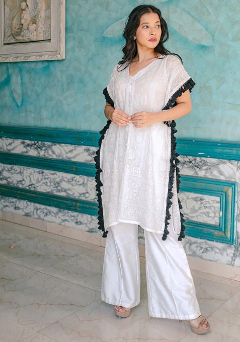 White Embroidered Georgette Chikankari Kaftan Set