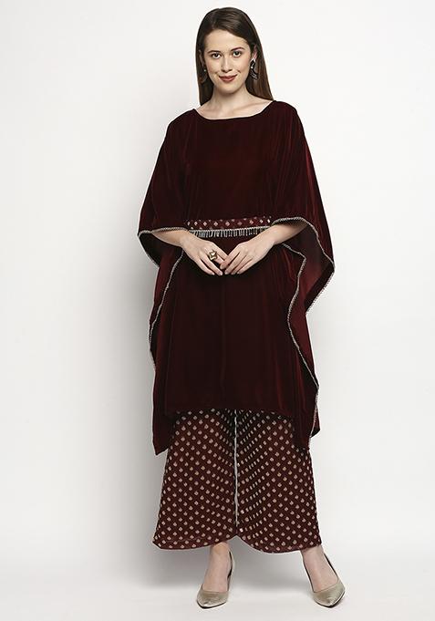 Maroon Embroidrered Velvet Kaftan Set