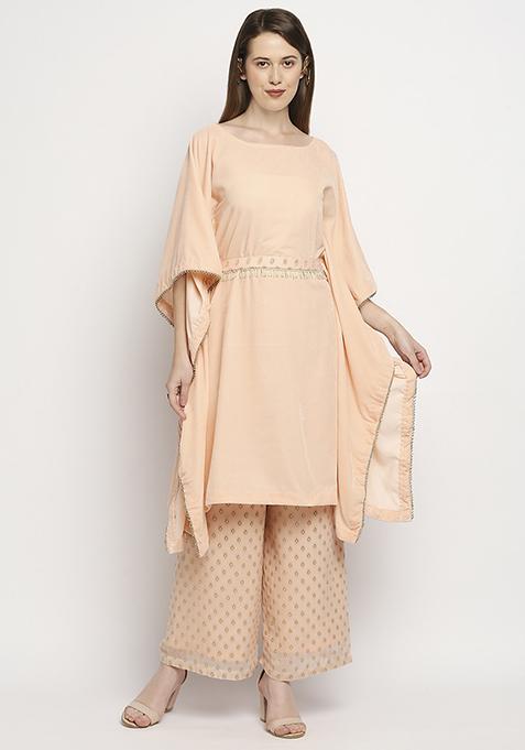 Peach Embroidrered Velvet Kaftan Set