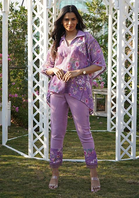 Lilac Floral Print Kaftan Set