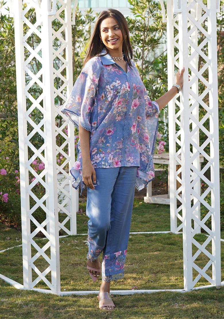 Blue Floral Print Kaftan Set