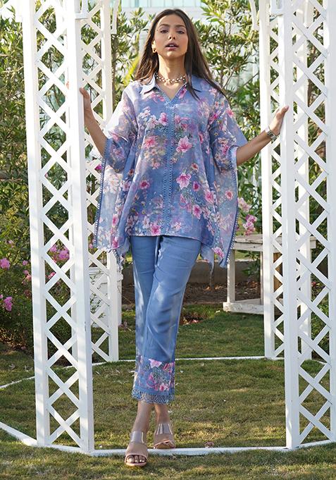 Blue Floral Print Kaftan Set