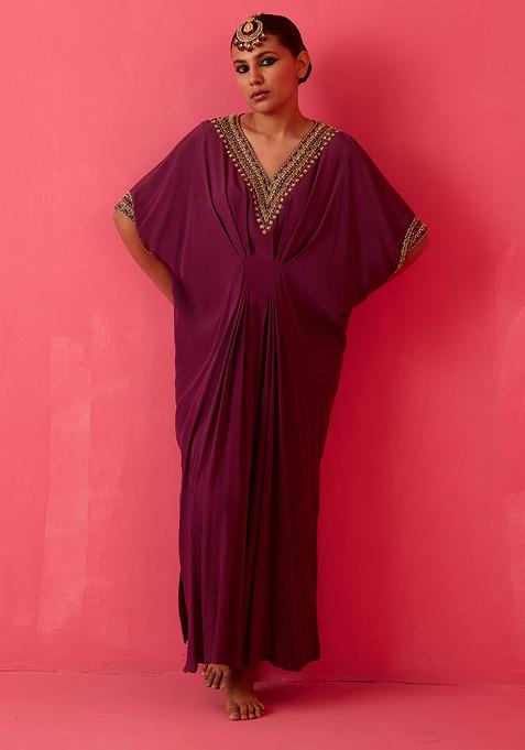 Deep Plum Pearl Embroidered Kaftan Kurta