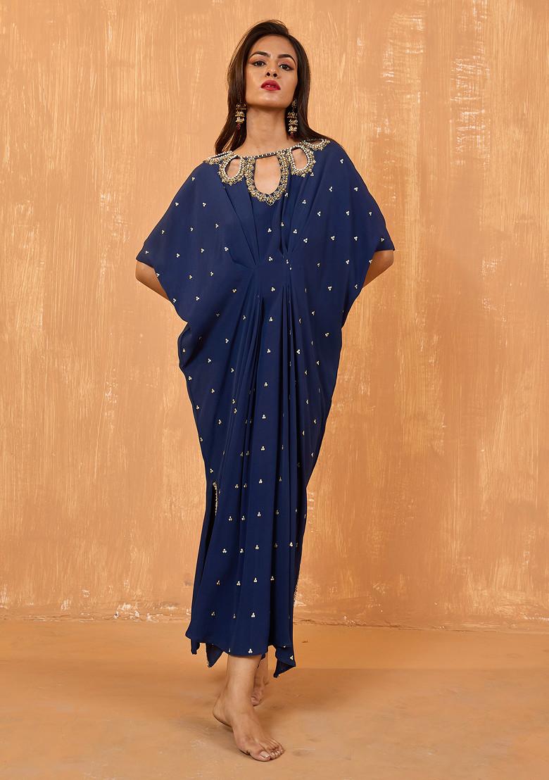 Navy Blue Pearl Embroidered Kaftan Dress