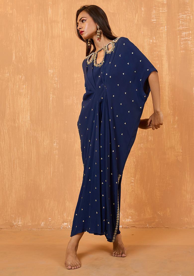 Navy Blue Pearl Embroidered Kaftan Dress