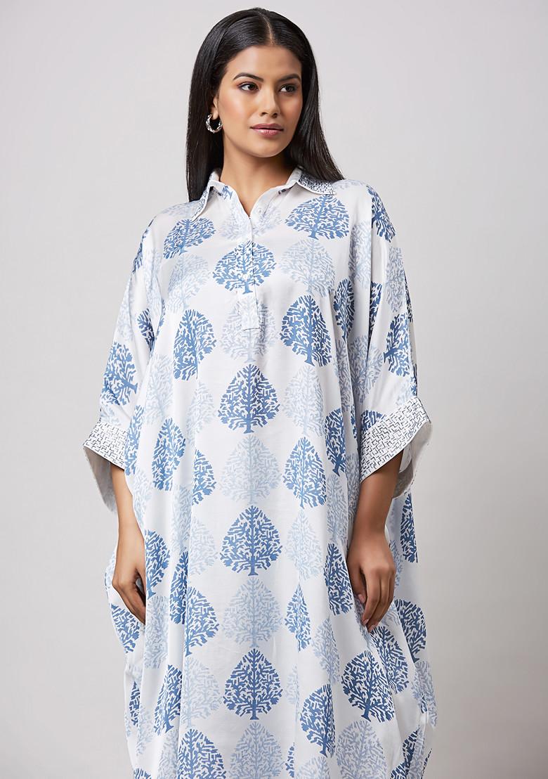 Ivory Abstract Block Printed Kaftan Set - Indya