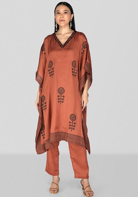 Dark Peach Hand Block Print Kaftan Set