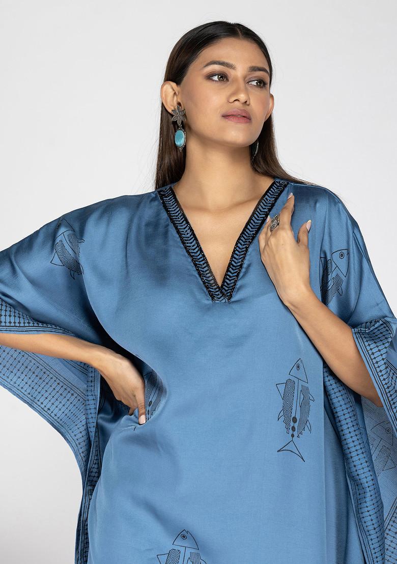 Command Blue Abstract Fish Print Kaftan Set