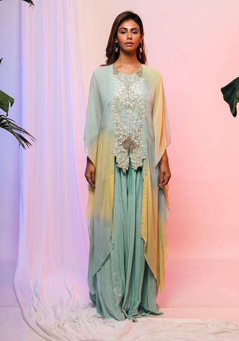 Aqua And Lime Embroidered Kaftan Set