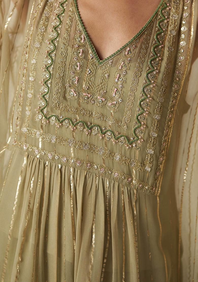 Green Hand Embroidered Georgette Kaftan Set