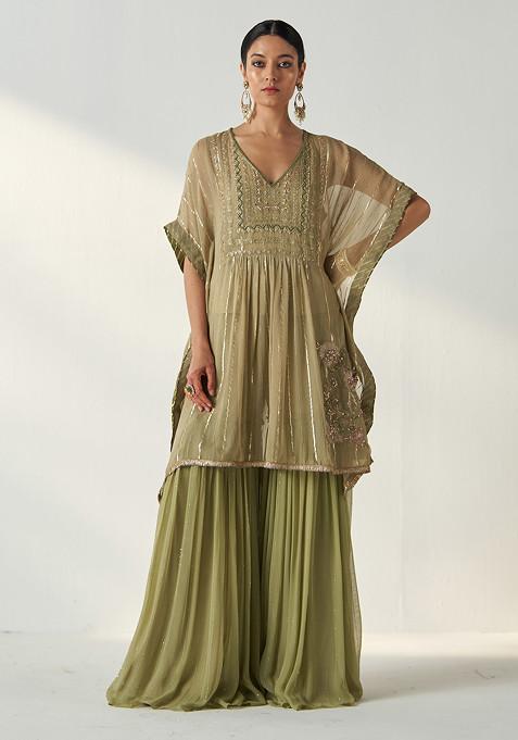 Green Hand Embroidered Georgette Kaftan Set