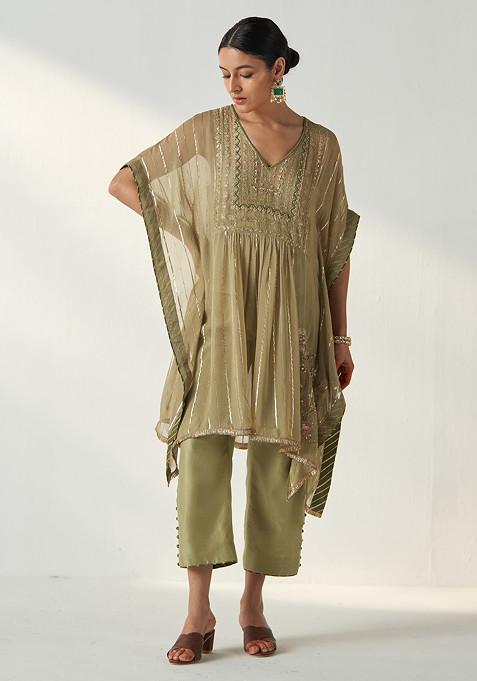 Green Hand Embroidered Georgette Chanderi Kaftan Set