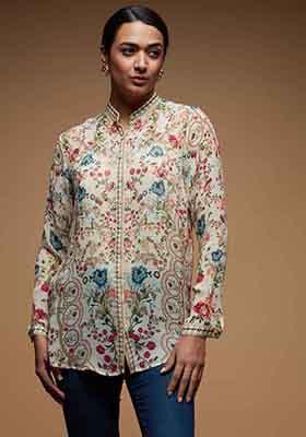 Beige Printed Rhinestones Work Viscose Georgette Top