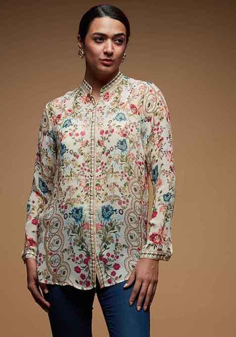 Beige Printed Rhinestones Work Viscose Georgette Top