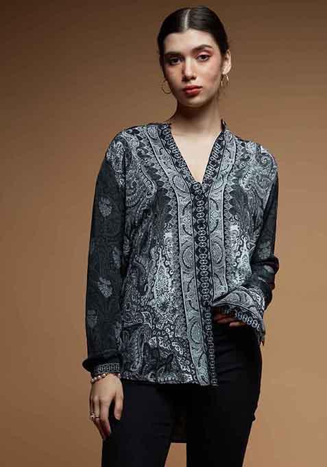 Black Printed Rhinestones Work Bemberg Crepe Top